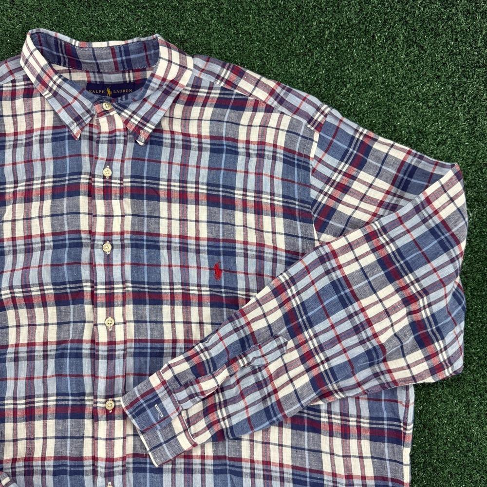 Ralph Lauren Classic Fit Men's Long Sleeve Button Shirt 2XLT Blue Plaid Linen